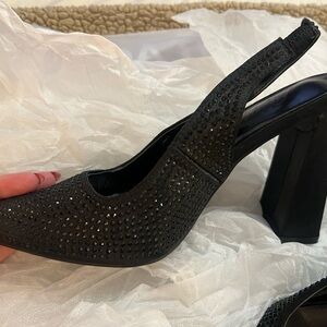 Miss Lola Black Sparkly Slingback Heels